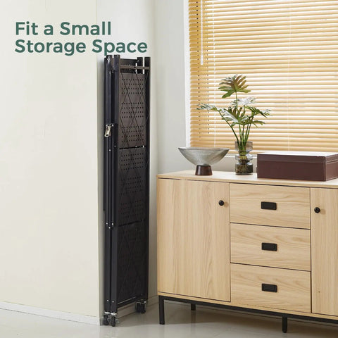 Four Tier Foldable Storage Shelves On Wheels With No Assembly, Pre Assembled Organizer Rack For Garage, Kitchen, Basement And Pantry, Ideal For Craft Fairs And Vendor Events, Black folded beside cabinet