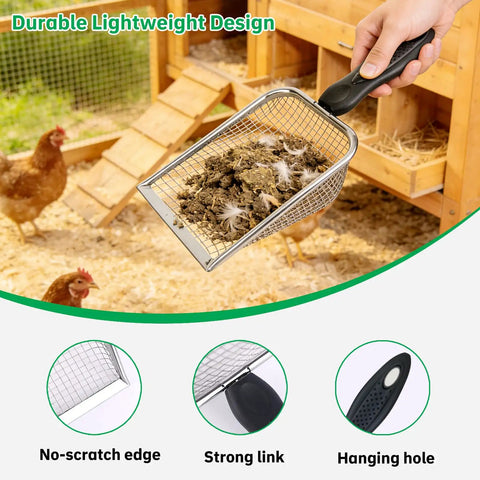 2 Pack Chicken Poop Scoopers For Coop Cleanup, Dual Mesh Shovel Set With 3.8mm And 5mm Holes in use in chicken coop