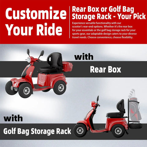Badass Two In One Electric Golf Cart And Adult Mobility Scooter with rear box and golf bag rack for customizable storage.