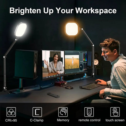 Video Conference Lighting For Computer And Webcams Dimmable 15W Ring Light With Desk C Clamp And Swing Arm Remote Memory Timer Eye Friendly CRI 95 Plus For Clear Soft Glare Free Video Calls And Meetings In Your Pro Home Office Setup showing dual monitors and man at desk.