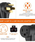 Heavy Duty Nema 14 50P To 6 50R Adapter Cord 50 Amp 4 Prong To 3 Prong Welder Generator Power Cable 6 Awg Genuine Copper Wire One Foot ETL Listed plug close-up showing 4 prong male and 3 prong female connectors.