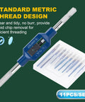 10 Piece Micro Tap Set M1 To M3.5 With Handy Adjustable Wrench displayed with tap set on green background