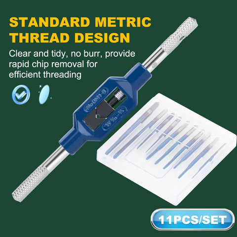 10 Piece Micro Tap Set M1 To M3.5 With Handy Adjustable Wrench displayed with tap set on green background