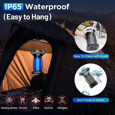 Outdoor Waterproof Solar Powered Bug Zapper Portable And No Fuss Rechargeable with LED light inside a tent at night