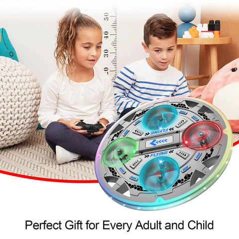 Children playing indoors with a Dope Kid Friendly RC UFO Airplane With 2.4GHz Remote, colorful lights on the drone.