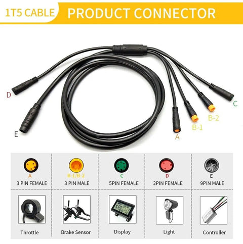 Waterproof 1 To 5 Electric Bicycle Cable For E Bike KT Controller With Display Throttle Ebrake Headlight Wiring Kit 156cm