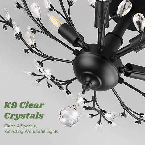 Close-up of Five Light Crystal Chandelier in Matte Black with K9 crystals and Edison E12 Base, showcasing modern vintage glam design.