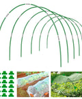Fiberglass Garden Hoops Pack 36 Pcs 8 Feet Each With PVC Coating for Raised Beds shown with connectors and use examples.