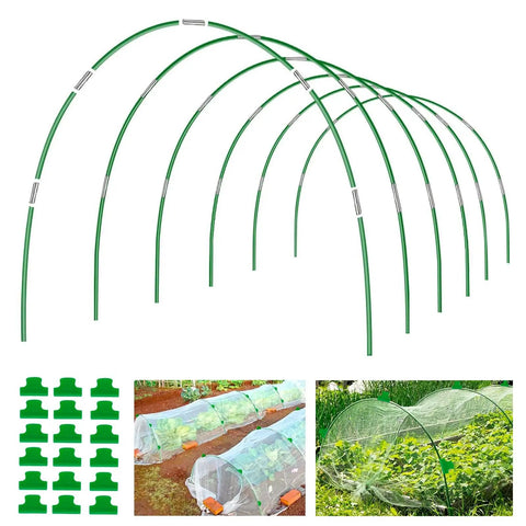 Fiberglass Garden Hoops Pack 36 Pcs 8 Feet Each With PVC Coating for Raised Beds shown with connectors and use examples.