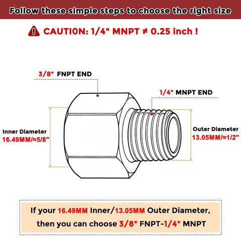 Diagram showing dimensions for Pack Of 2 Brass Pipe Fittings 3/8 NPT Female To 1/4 NPT Male Thread Adapter Durable Brass Extension Connector
