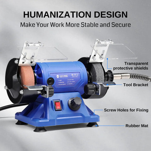 Badass 3 Inch Mini Bench Grinder And Polisher With Rotary Tool Attachment Runs On A Hella Powerful Full Copper Motor showing transparent shields and tool bracket.