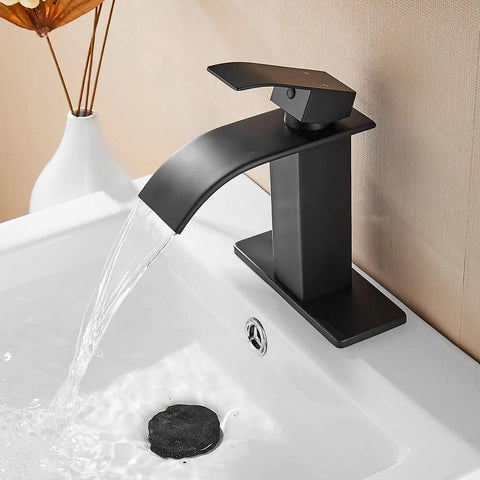 Black Waterfall Bathroom Faucet With Deck Plate 1 Hole Or 3 Hole Lavatory Sink Tap Single Handle Pop Up Drain Stainless Steel