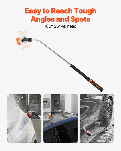 36 Inch Extra Long Beefy Heavy Duty Watering Wand With 8 Spray Patterns And 180 Degree Swivel Head On Off Thumb Control Garden Hose Sprayer Aluminum Alloy Grip For Reaching Hanging Baskets And Tall Plants on a white background showing its use on various surfaces.