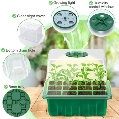 Seed Starter Tray Kit With Grow Lights And Humidity Domes, 6 Packs Indoor Greenhouse Seedling Trays For Planting, 12 Cells Per Tray