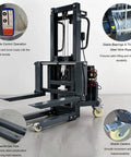 CNFKF Electric Pallet Stacker With Telescopic Fork showing remote control, durable steel wire rope, and reinforced fork design.