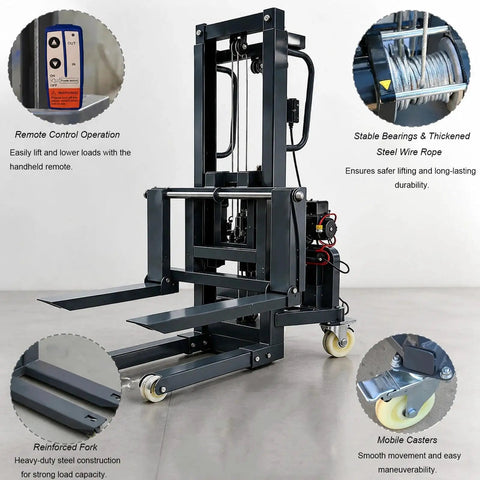 CNFKF Electric Pallet Stacker With Telescopic Fork showing remote control, durable steel wire rope, and reinforced fork design.