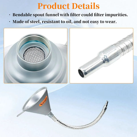 Detailed view of 14.84 Inch Steel Bendable Spout Funnel with Filter for automotive oils and liquids, highlighting metal construction