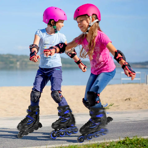 Two children skating with adjustable kids inline skates for boys and girls aged 4 to 12 with lit up wheels, outdoor fun.