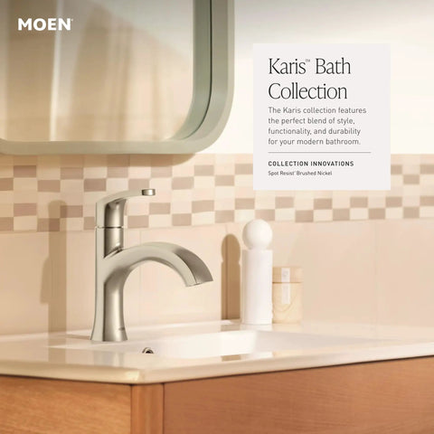 Karis Spot Resist Brushed Nickel One-Handle Single Hole Bathroom Sink Faucet With Optional Deck Plate For Clean Look And Easy Install In Any Modern Bathroom 84346SRN displayed on a modern sink with a mirror reflection.