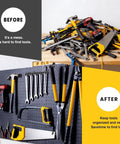 Before and after of tool organization using Heavy Duty Magnetic Hooks 30lbs Plus 60 Pack for Home Kitchen Garage Fridge Cabinets and Craft Rooms.