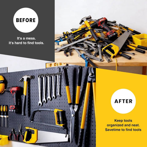 Before and after of tool organization using Heavy Duty Magnetic Hooks 30lbs Plus 60 Pack for Home Kitchen Garage Fridge Cabinets and Craft Rooms.