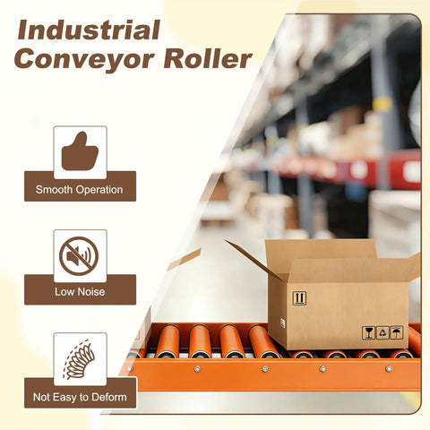 Patikul 2Pcs Heavy Duty Conveyor Rollers, 8 Inch Long Orange Rubber Coated Steel Transfer Wheels on an industrial roller setup.
