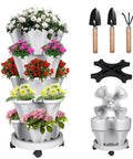 Vertical Strawberry Planter With 5 Tier Stackable Tower For Herbs Vegetables And Flowers Space Saving Outdoor Garden Planter Pot With Drainage System And Handy Tools Mover For Easy Assembly, showing white planter with colorful flowers and handy tools.