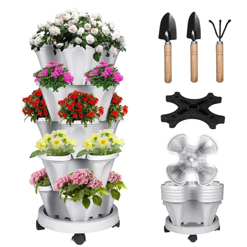 Vertical Strawberry Planter With 5 Tier Stackable Tower For Herbs Vegetables And Flowers Space Saving Outdoor Garden Planter Pot With Drainage System And Handy Tools Mover For Easy Assembly, showing white planter with colorful flowers and handy tools.