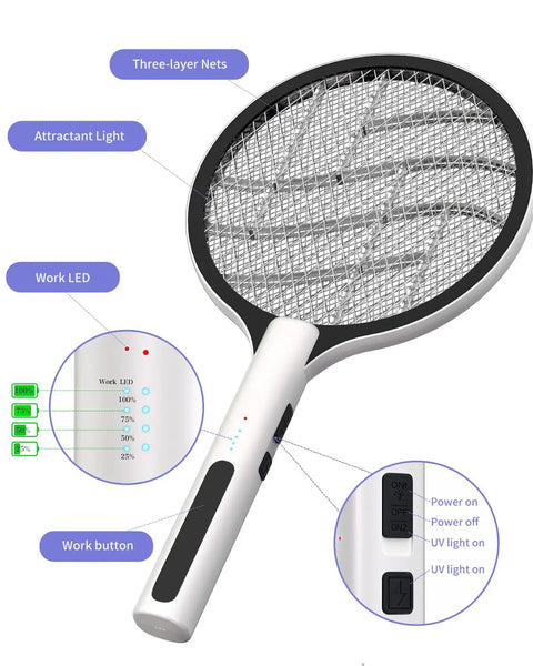 Dual Mode Electric Fly Swatter 4500V Bug Zapper Racket 2 In 1 Handheld Purple Light Mosquito Killer Rechargeable with controls
