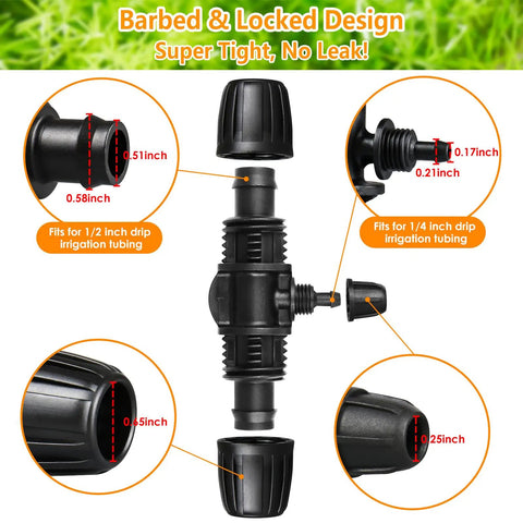 Diagram of Half Inch Drip Irrigation Fittings Kit with Barbed Locking Nuts showing various dimension details for garden use.