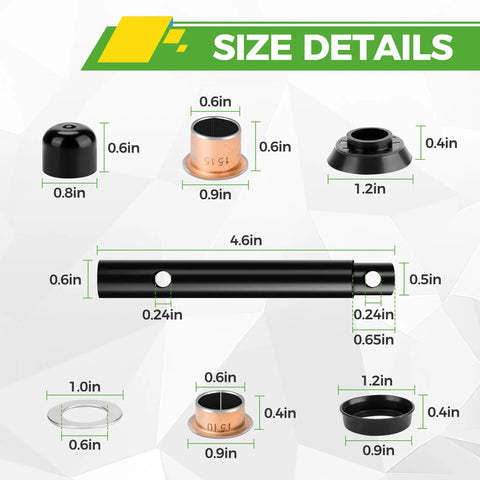 King Pin And Bushing Kit For Golf Carts G2 G8 G9 G11 G14 G16 G19 G20 1985-2001 Gas Or Electric Models Easy Install Durable Beefy Replacement Part Built For Smooth Steering And Long Lasting Performance. size details with kingpin, bushings, cap, washer