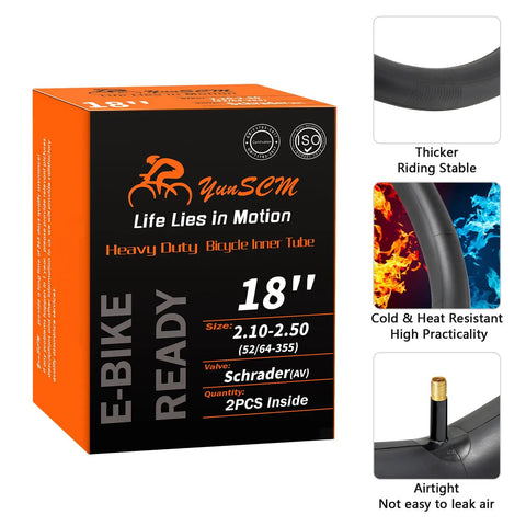 2 Pack 18 Inch Heavy Duty Bike Tubes 18x2.10 To 18x2.50 AV32mm Schrader Valve product packaging and features