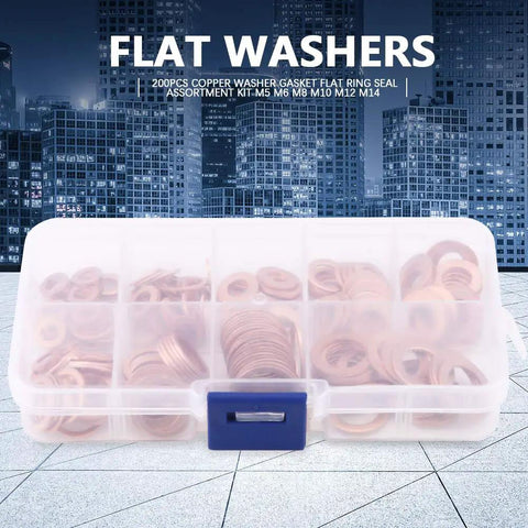 Awesome 200pc Copper Flat Washer Gasket Assortment Kit For M5 Through M14 Solid Sealing Washers Perfect For Sump Plugs Fuel Lines And Hydraulic Fittings With A Nifty Compact Storage Case To Keep Your Shop Organized And Ready For Any Heavy Duty Job Today. Copper washer assortment in compact storage case, M5 to M14 flat sealing rings