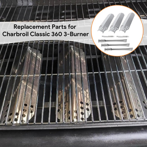Replacement Burner And Heat Plate Kit For Classic 360 Three Burner Gas Grill Easy Install And Durable Stainless Plates For Even Heat Includes All Burners And Shields For Reliable Grilling Performance displayed on a grill.