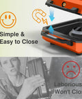 Kickass Two Burner Propane Camping Stove With Windproof Shield Portable Folding Gas Burner shown easy to close design in orange.