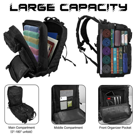 Heavy Duty 45L Tactical Backpack For Men With MOLLE System And 3 Day Bug Out Bag Design Rucksack showing large capacity compartments