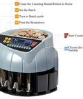 Piudoiliy Electric Coin Sorter Machine With Led Display And 8 Bins showing coin sorting features and operation buttons.