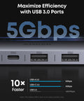 Close-up view of All In One USB C Hub 7in1 For Laptops And MacBook Type C Devices showing USB 3.0 ports and data transfer rates.