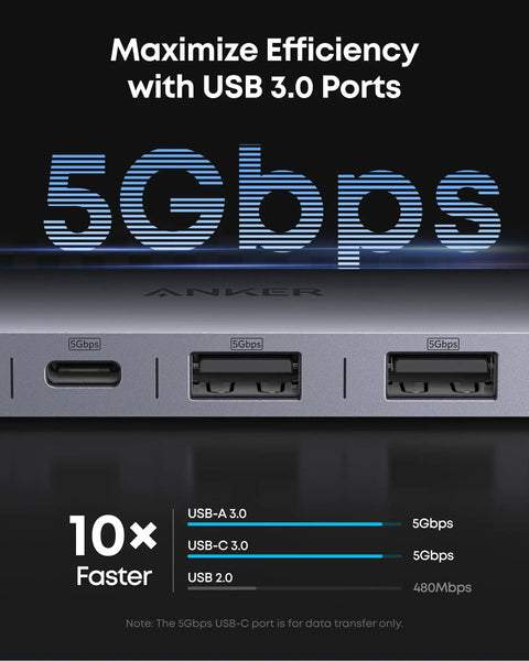 Close-up view of All In One USB C Hub 7in1 For Laptops And MacBook Type C Devices showing USB 3.0 ports and data transfer rates.