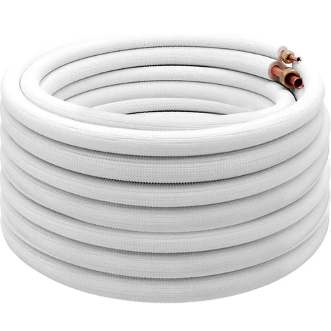 Fifty Foot Copper Line Set For Mini Split Air Conditioner And Heat Pump, Includes Three Eighths Inch And One Quarter Inch OD Copper Pipes, White