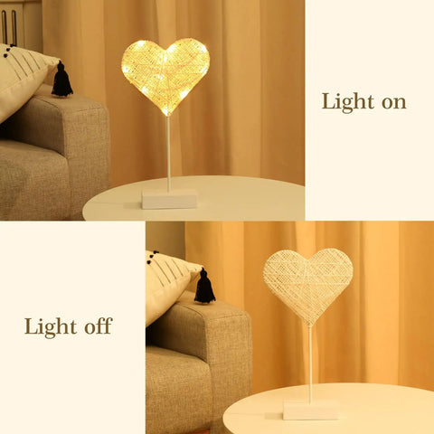 Heart Shaped Led Desk Lamp With Cotton Thread Glow on and off, cozy romantic mood lighting, modern home decor for bedroom.
