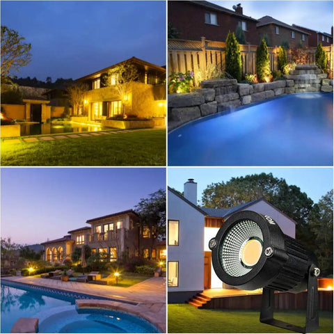 Outdoor view with all metal landscape outdoor spotlights waterproof IP65 5W 120V yard flood light and lit houses