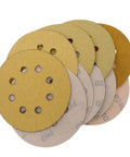 Premium 5 Inch Dry Sanding Discs With Hook Loop System Featuring Durable Aluminum Oxide Abrasive Paper for smooth woodwork and metal finishing.