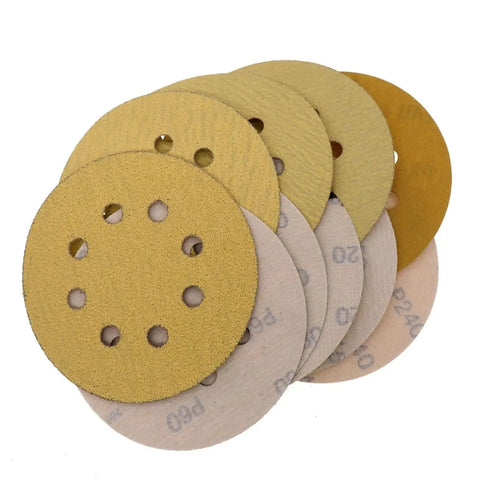 Premium 5 Inch Dry Sanding Discs With Hook Loop System Featuring Durable Aluminum Oxide Abrasive Paper for smooth woodwork and metal finishing.