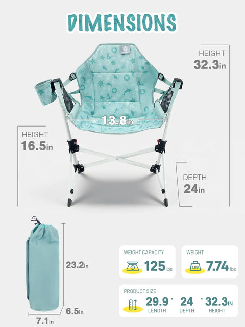 Dimensions of Kids Hammock Chair Foldable With Stand, Portable Camping Swing Chair With Cup Holder, Easy Setup For Travel, Green.