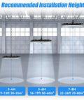 UFO High Bay LED Shop Light 6000K Daylight Bright set at various heights in industrial space with installation guidance.