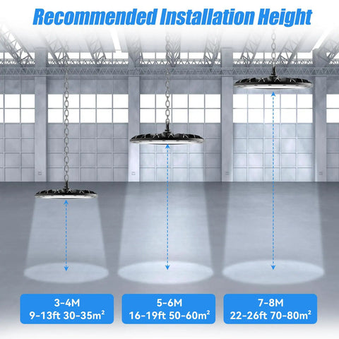 UFO High Bay LED Shop Light 6000K Daylight Bright set at various heights in industrial space with installation guidance.