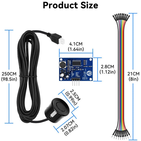 Three Pack JSN SR04T Waterproof Ultrasonic Distance Sensor Module With 20 To 500 Cm Range High Precision Transducer Includes Male To Female Jumper Wires shown with size measurements for Arduino projects.