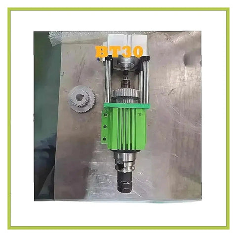 Built Tough Rock Solid Cnc Spindle Assembly With Motor Bracket Makes Bt30 Auto Tool Change Milling Rig Run Sweet High Precision Power Free Clamping Game Changer on metal surface with gear.