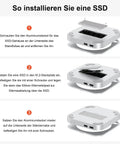 Step-by-step guide for installing SSD in Heavy Hitter Mac Mini M4 Stand Hub, showcasing the SSD compartment and connections.
